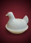 Vintage Painted Indiana Milk Glass Hen Chicken on Nest Lidded Candy Trinket Dish