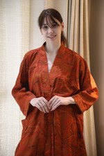 Pure Silk Orange Green kimono Long Robe Gown Woman Silk Robe Kimono PS KMO5151