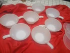 7 X Vintage Fire King White Milk Glass Soup Chili Bowls with Handle & 4 X Lids