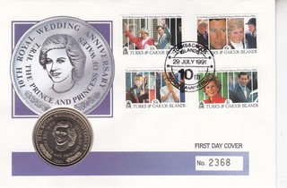 TURKS & CAICOS 10th ANN ROYAL WEDDING 1 CROWN COIN COVER USED