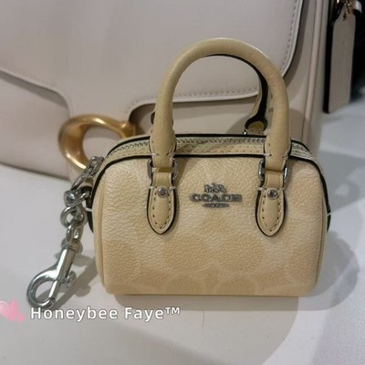 NWT COACH Mini Rowan Bag Charm Signature Canvas CX068 Silver /Hay
