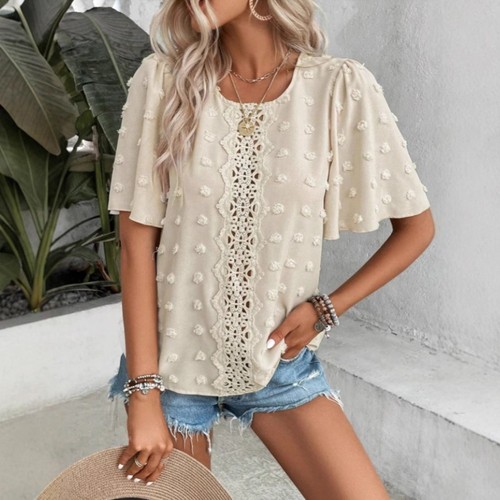 Simple Design Lace Round Neck Breathable Blouse Easy To Match Loose Fit - Picture 11 of 72