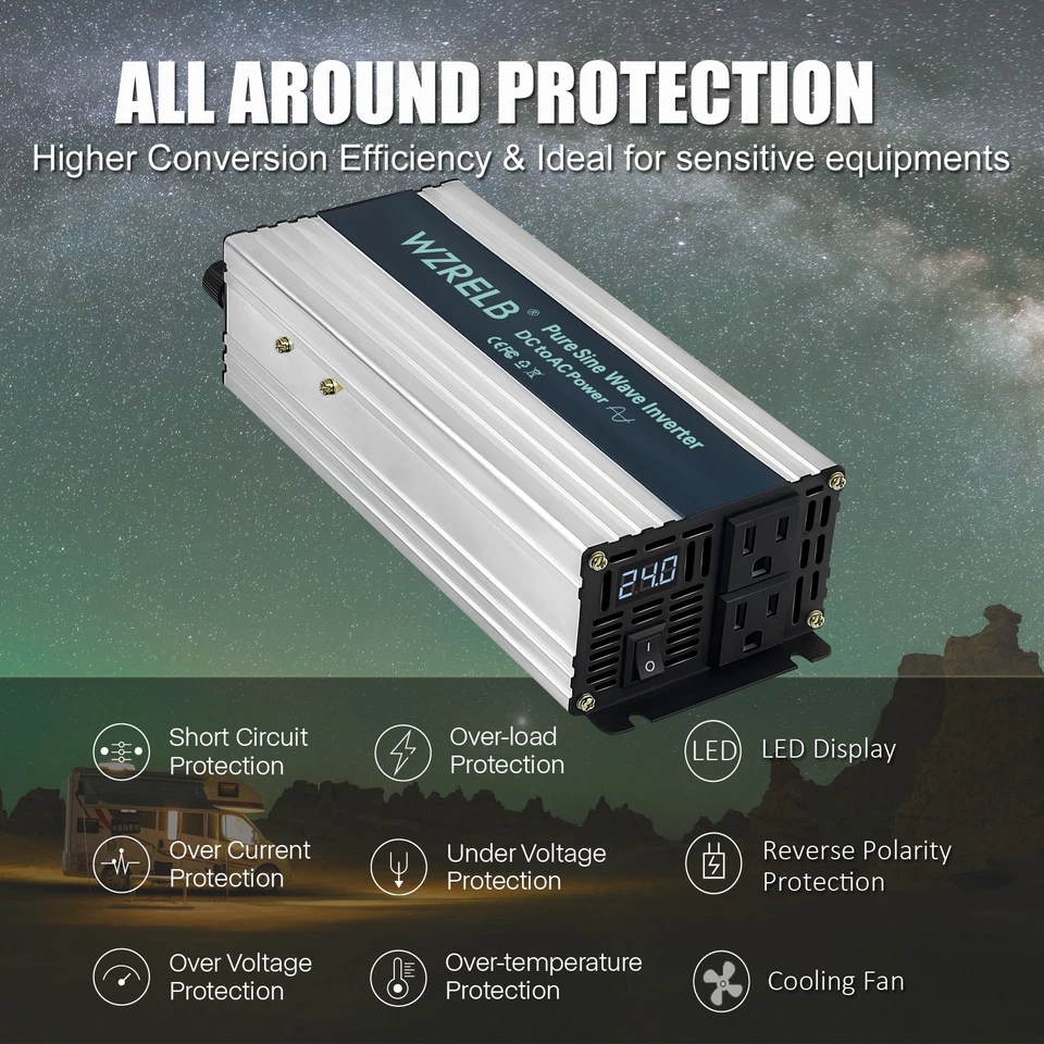 1200W（2400W Surge power） Pure Sine Wave Inverter 12V DC to 120V Off Grid Home RV - Image 4 of 4