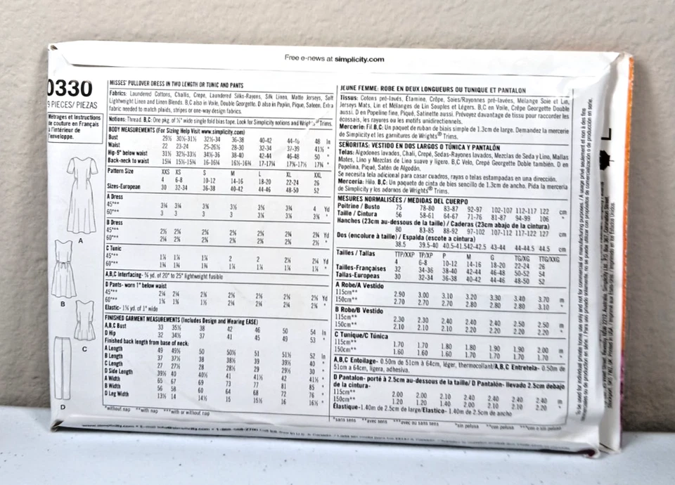 Simplicity Summer Pattern 0330 Miss Pullover Dresses Or Tunic & Pants Sz 4 To 26 - Image 2 of 3