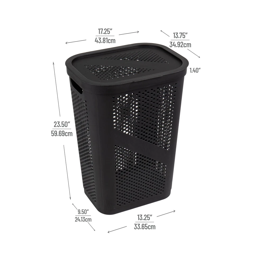 Slim Laundry Basket 60L, Plastic Hamper With Ventilated Lid, Set Of 2, Black - Image 2 of 4
