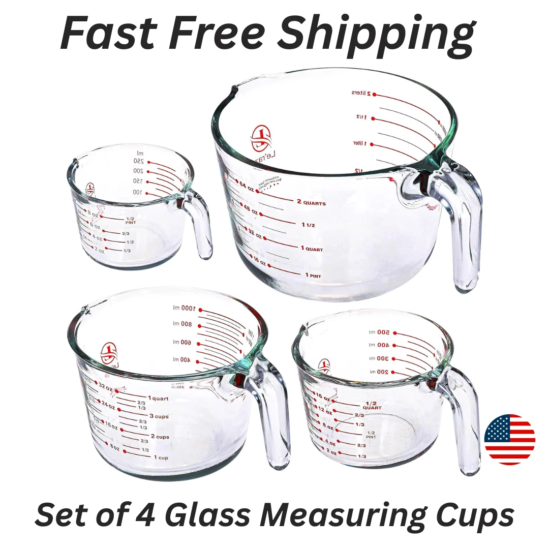 Set of 4 Glass Measuring Cups - Kitchen Mixing Bowl Liquid Measure Bakeware