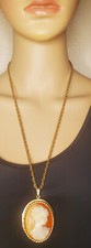 Vintage Large Resin Cameo Gold Tone Locket Pendant w/ Chain Necklace