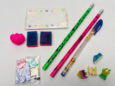 Vintage School Supply Lot Lisa Frank Pencils Stamps Taiwan Cat Erasers etc BIN23