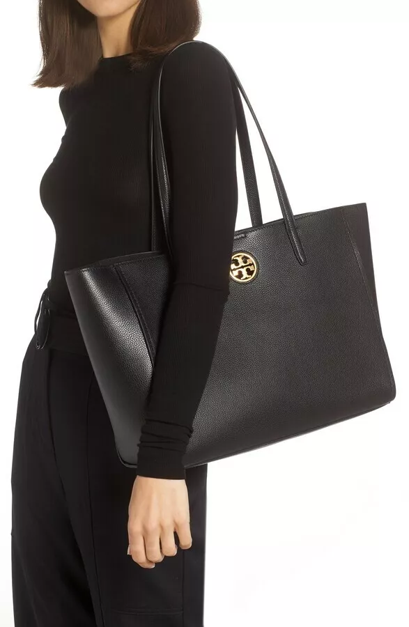 NWT $528 TORY BURCH Carson Black Pebbled Leather Large TOTE Bag Goldtone