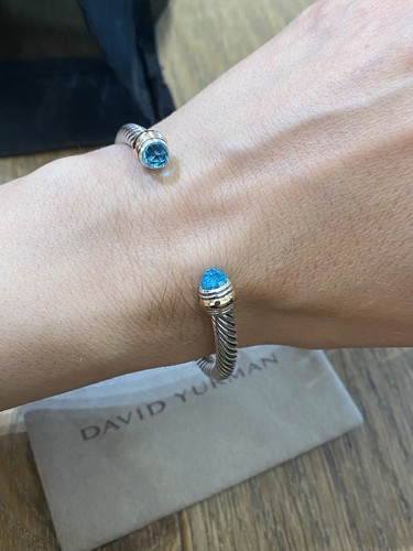 USADO David Yurman Plata Esterlina TOPACIO AZUL Y ORO 14K 5 mm PUÑO PEQUEÑO - Imagen 8 de 20