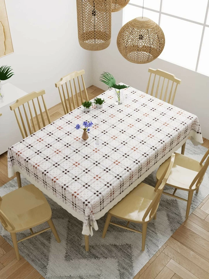 White & Brown Checked 6 Seater Dining Table Cover 60X 90 inch US - Image 3 of 4