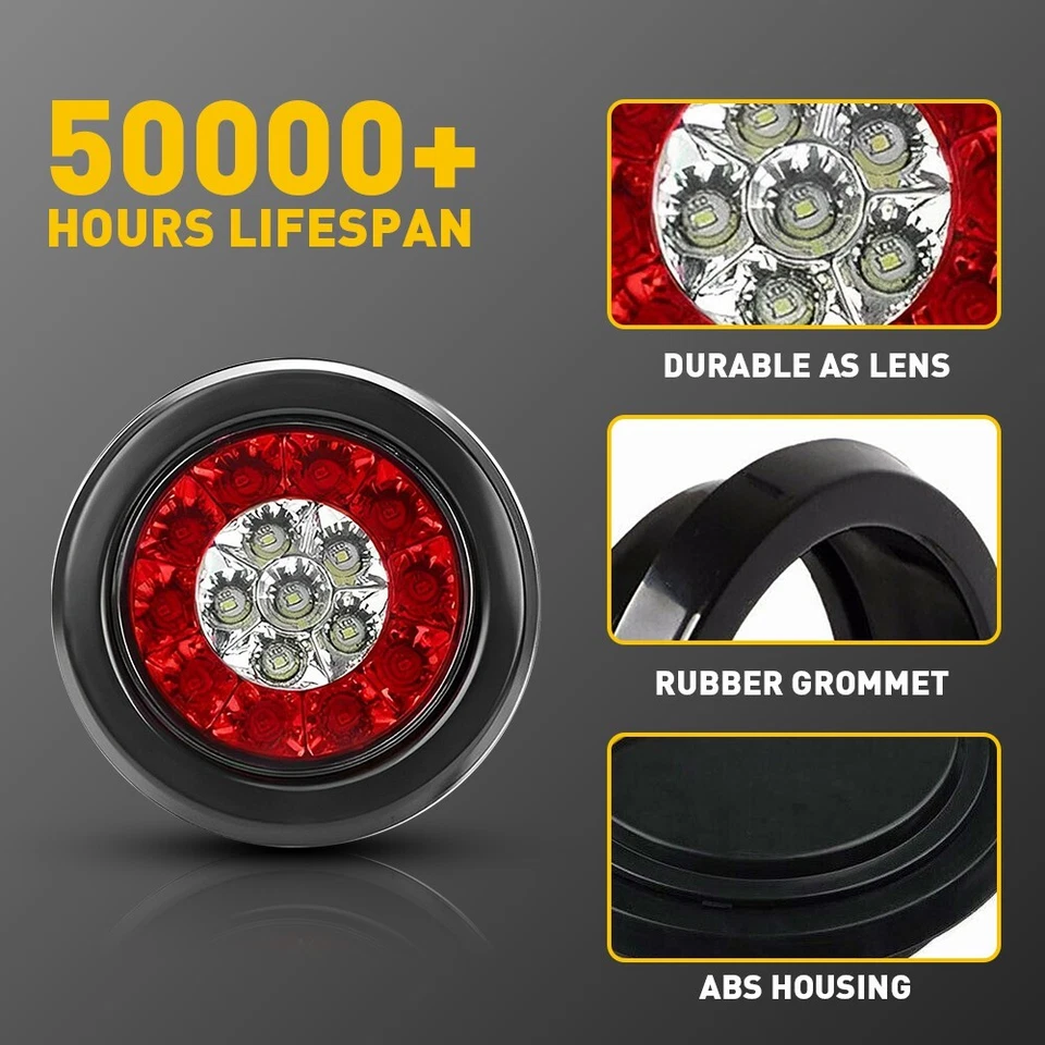 Luces traseras redondas de señal de giro de parada de freno para remolque de camión 16 LED blancas rojas de 4 pulgadas Foto 4 de 4