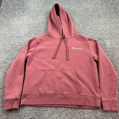 Champion Hoodie Womens Medium Pink White Signature Logo Pullover Sweatshirt  FLAW