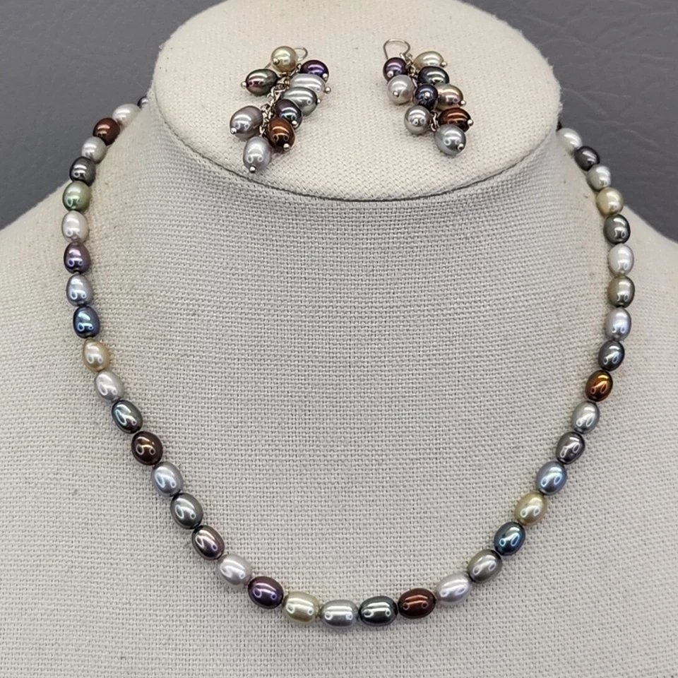 Honora Freshwater Pearl Necklace Earrings Set Gray 925 Sterling Silver QVC 17.5" - Image 2 of 4
