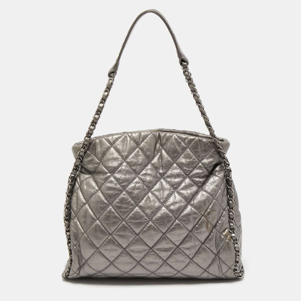 Chanel Grey Quilted Leather Chain Me Hobo