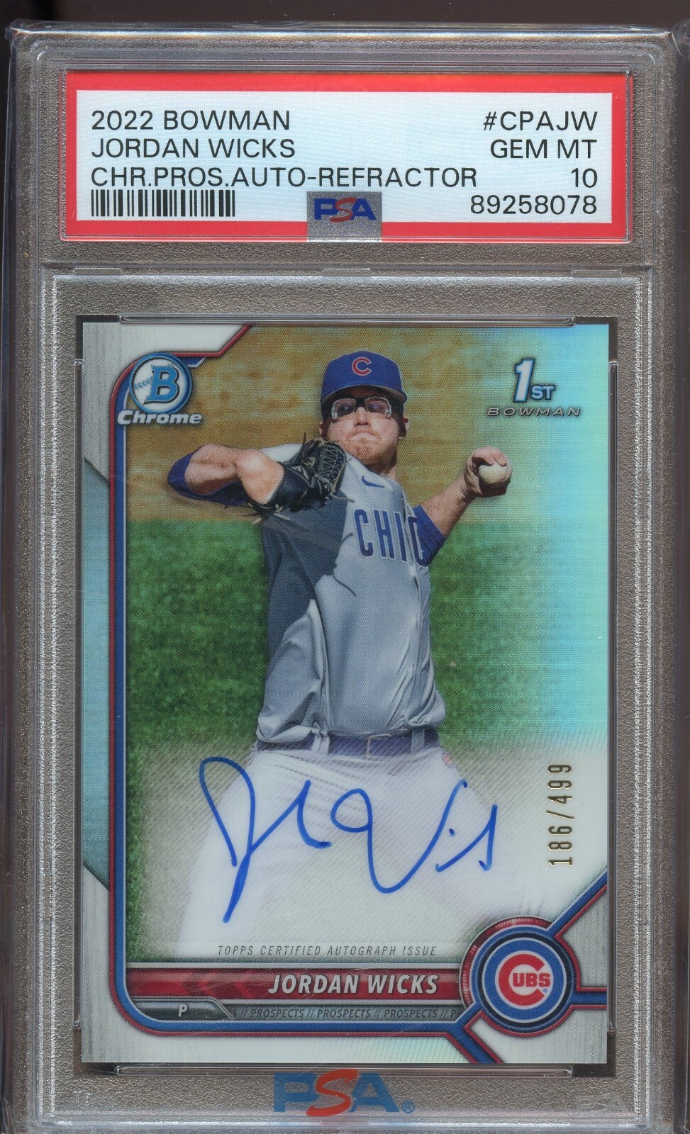 Jordan Wicks  2022 Bowman Chrome 1st Refractor Auto /499  - PSA 10