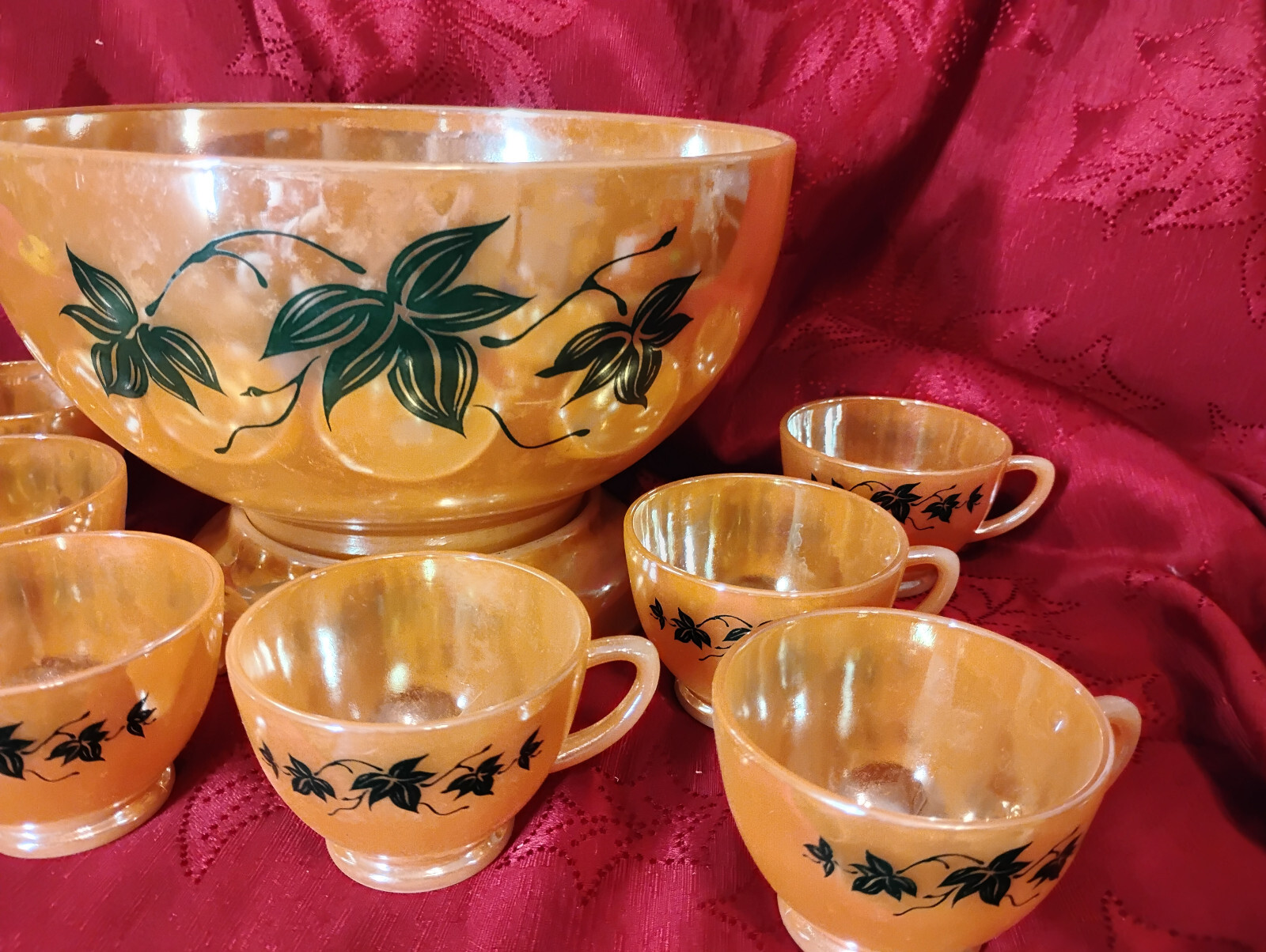 Fire King Anchor Hocking Peach Lustre Ivy Punch Bowl Set With 8 Cups  With Stand
