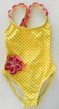 EUROPEAN 5 YEAR GIRL SWINSUIT YELLOW FUSCHIA POLKA DOT SEQUINED FLOWER NWT