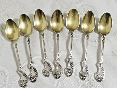 7 Jugendstil Kaffeelöffel Christofle versilbert, vergoldet