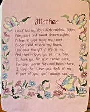 Cross Stitch Poem Mother Pink Needlework Sampler Complete Butterfly Vintage