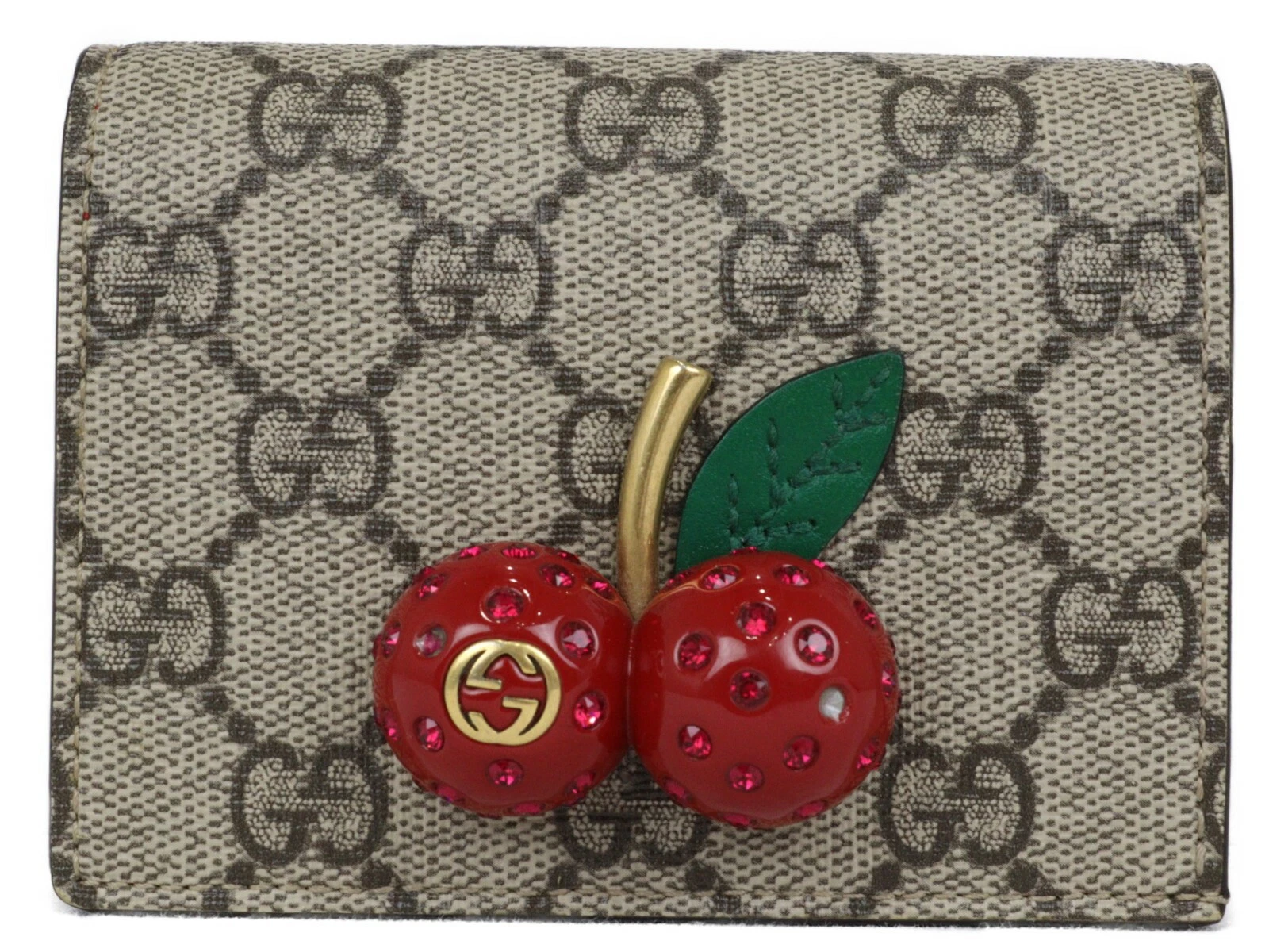 Gucci Gg Supreme étui à cartes en toile 476050 portefeuille à deux volets compact beige cerise