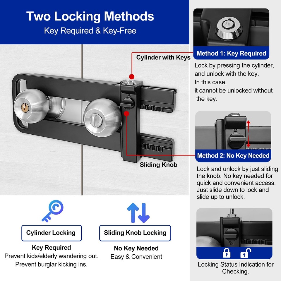 Double Door Locking Device, French Door Lock Security Barricade, Keyed
