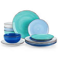 Bonita Dinnerware Set Blue Stoneware 12 Pieces Service for 4, Handpainted Spi...