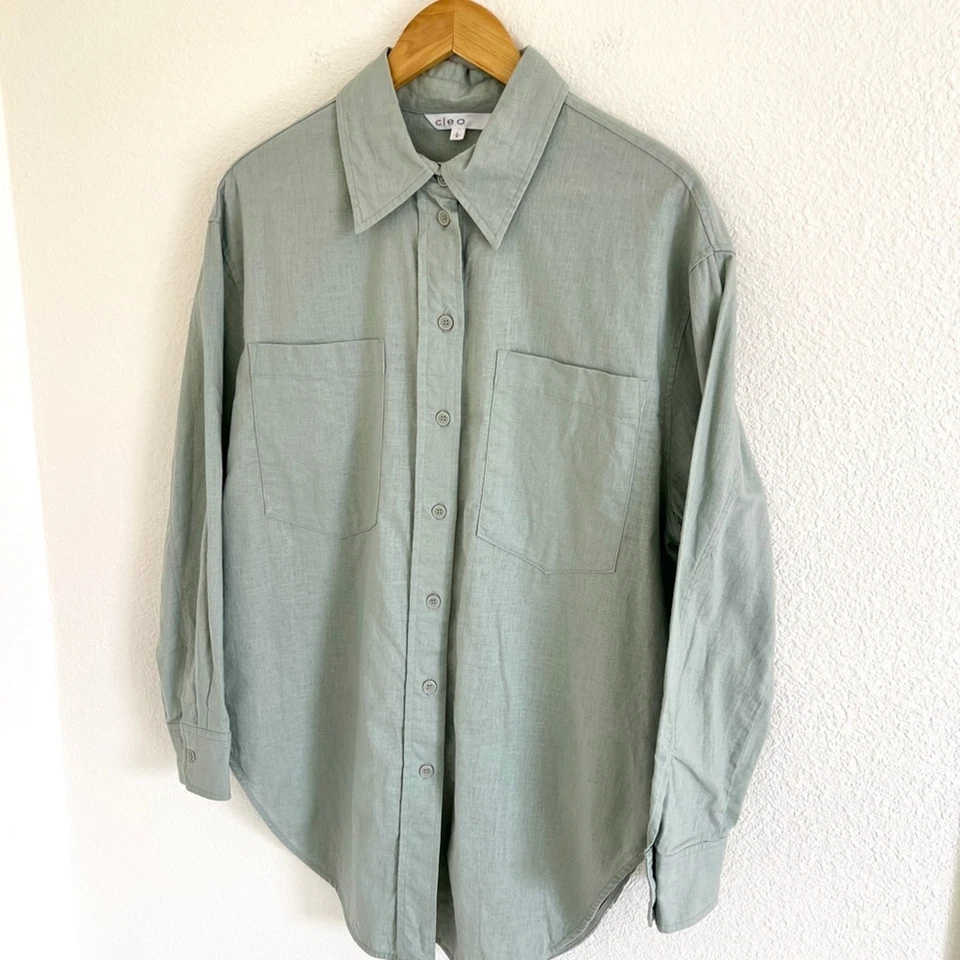 VINTAGE button down / cleo sage green linen shirt / size L - Image 3 of 4