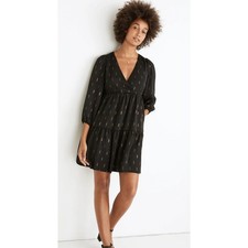 Madewell Black Gold Metallic Jacquard Faux-Wrap Tiered Mini Dress Bohemian S