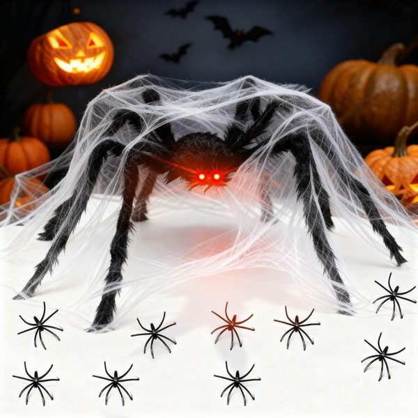 Halloween Spinne Dekoration Riesige 250Cm Schwarz Mit LED Augen Und Spinnenweben-image