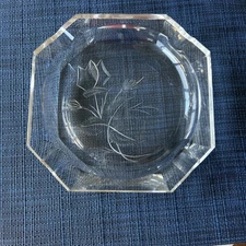 Vintage Ashtray Clear Glass Etched Cigarette Crystal 7 1/2” 3 Lb Octagon Square