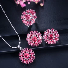 Flower Pendant Necklace Earrings Ring Set Silver Plated Cubic Zircon Jewelry Set