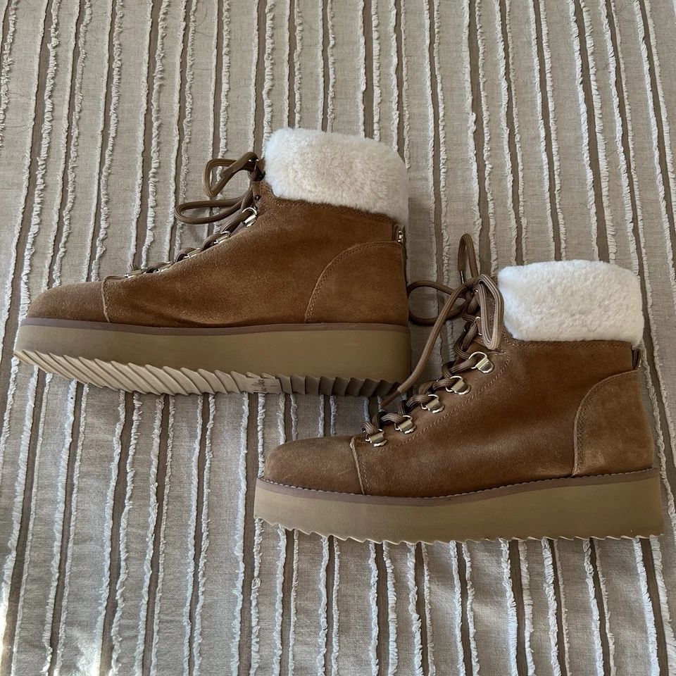Sam Edelman Franc на танкетке стриженный мех ботинки середины подъема размер 7 шнурует вверх EUC едва носили - Изображение 3 из 4