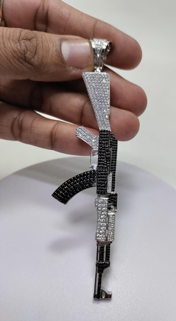 3.5 CT Lab-Created Diamond Mens AK-47 Gun Pendant Charm Real 925
