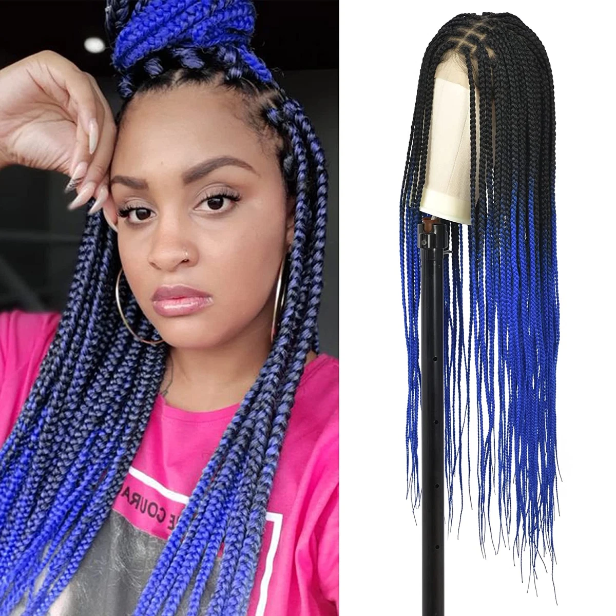 Knotless Braided Wig Box Braids Full Lace Braids Wig Ombre Black Blue Braid  Wig