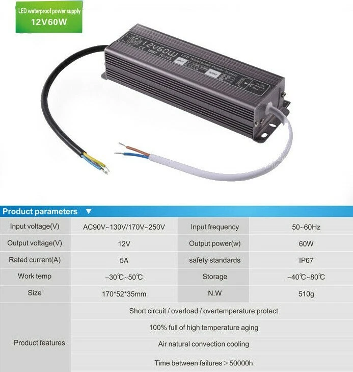 60W DC12V IP67 Waterproof Transformer Power Supply Adapter LED Outdoor UK Stock - Image 2 of 3