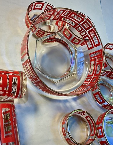 VTG Jeanette Glass Co Atomic Starburst Glass bowls ashtrays tallGlasses 19Pieces - Picture 10 of 23