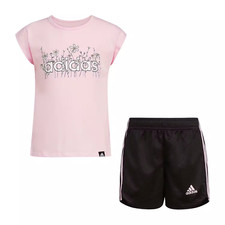 adidas Toddler Girls Clear Pink/Black 2-pc Tee  Short Set AG3066M 12M/18M/24M