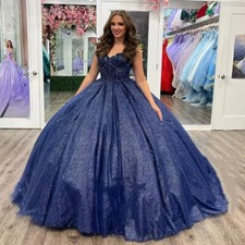 Navy Blue Ball Gown Quinceanera Dresses Glitter Beading Princess Birthday Party