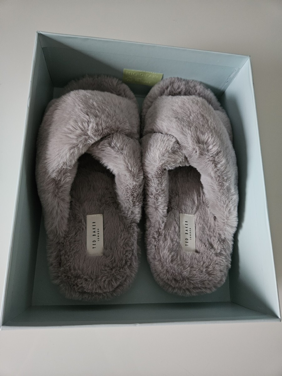 Ted Baker Lopply Faux Fur Cross Over Slipper UK GREY