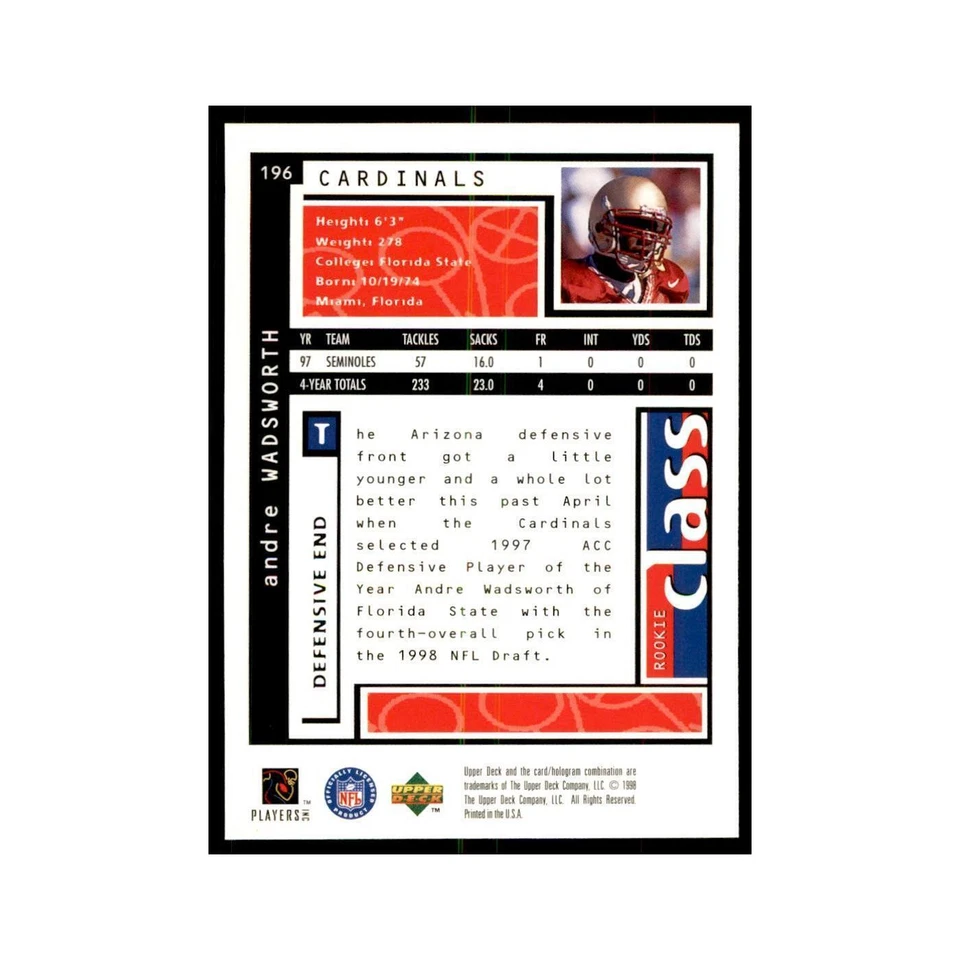 Andre Wadsworth Rookie 1998 UD Choice #196 Football Cards Football Card NM - Image 2 of 3