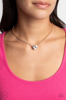 Paparazzi Flirty Fiancé - Gold - White Heart Gem - Choker Necklace and Earrings