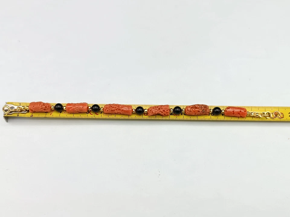 Pulsera De Coral Rojo De Cerdeña Natural Auténtico De Plata 925 Y Ónix Negro - Imagen 4 de 4