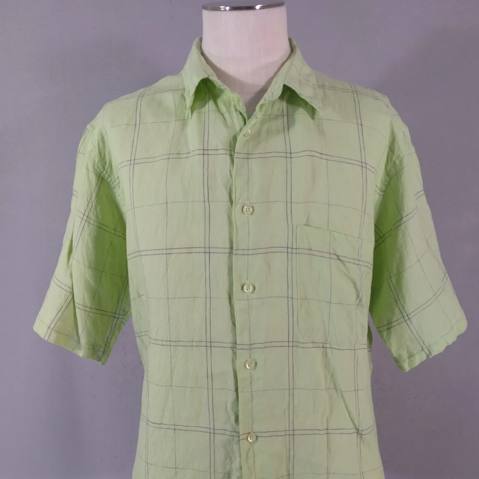 Donald J Trump Shirt Men's large green plaid Linen short sleeve button up casual - Image 2 of 4
