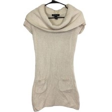INC SILK / ANGORA RABBIT HAIR METALLIC RIBBED COWL NECK CREAM SWEATER DRESS S