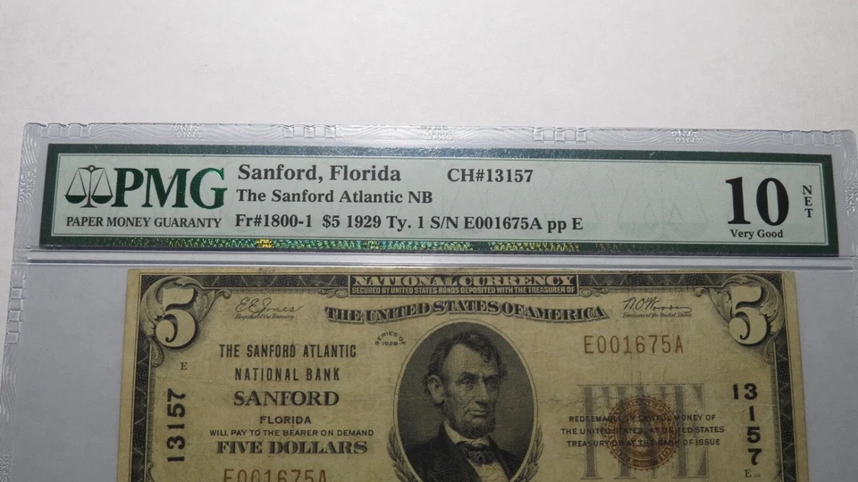 $5 1929 Sanford Florida FL National Currency Bank Note Bill Ch. #13157 VG10 PMG - Image 3 of 4