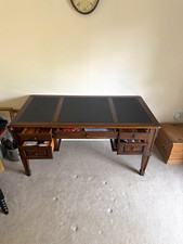 Antique Kneehole Writing Desk Dark Wood Black Inset Top 5 Drawers 150cm