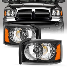 For 2005-2007 Dodge Dakota Headlights Black Chrome Amber Headlamps LH+RH 2PC
