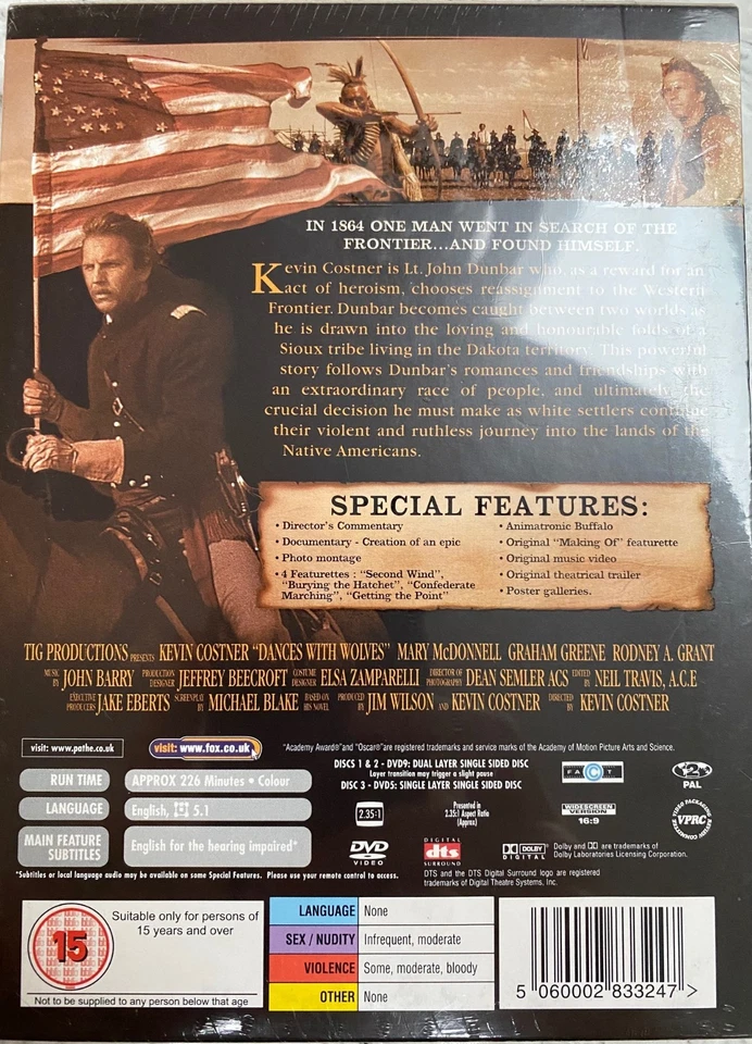 NEW SEALED 'Dances with Wolves' DVD (1990) Kevin Costner, 3-Disc Set, 2006 ed - Image 2 of 2