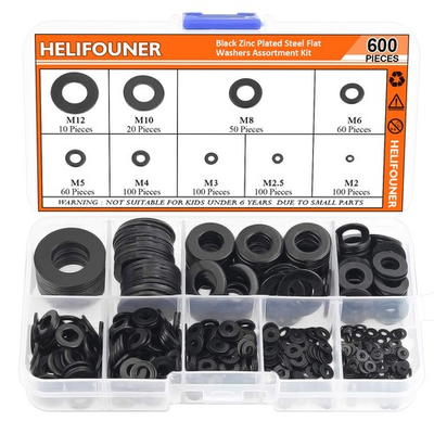 #ad 600 Pieces 9 Sizes Black Zinc Plated Steel Flat Washers Assortment Kit M2 M2... $19.58
